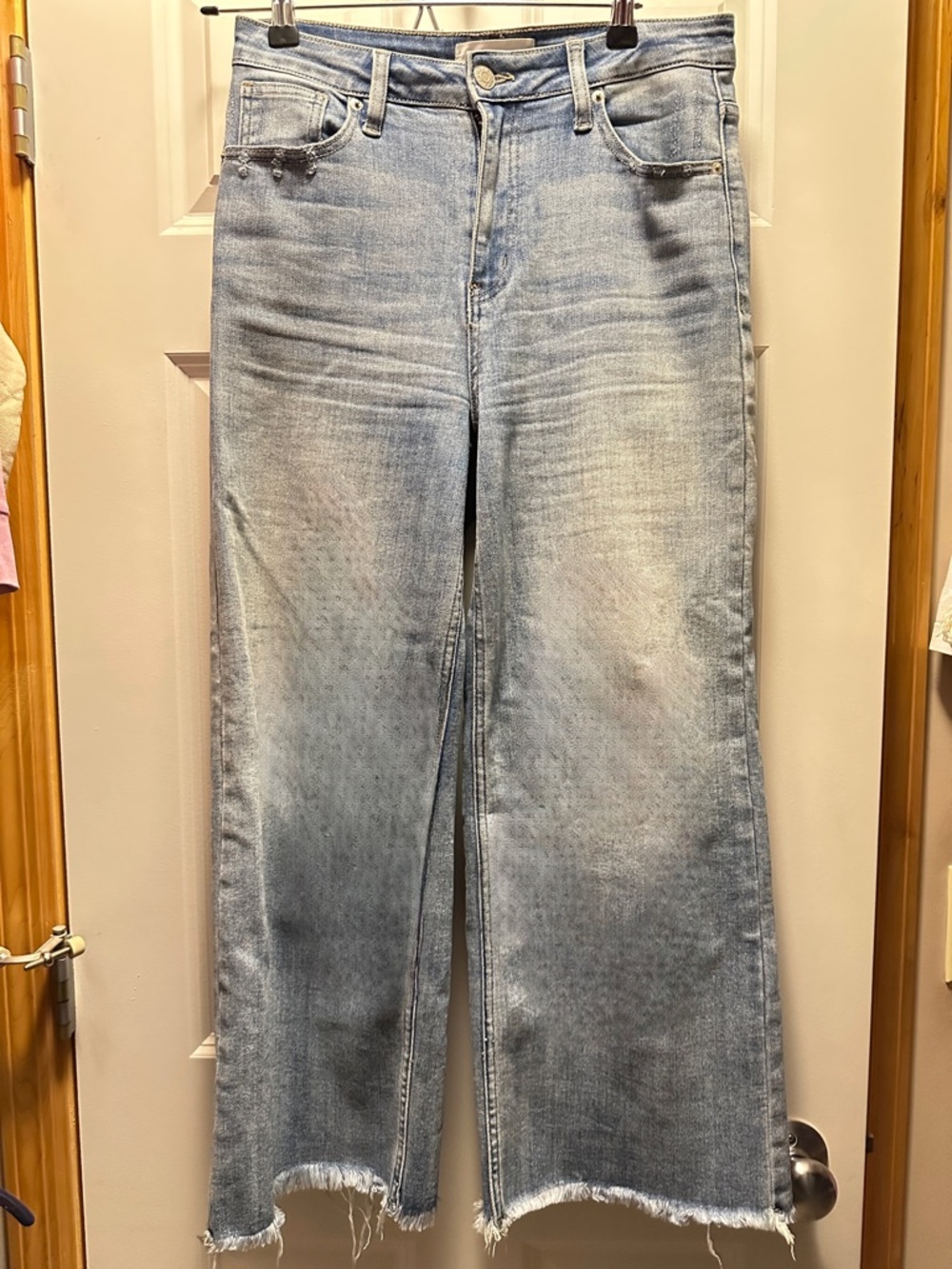 Risen Light Blue Wide-Leg Frayed Jeans